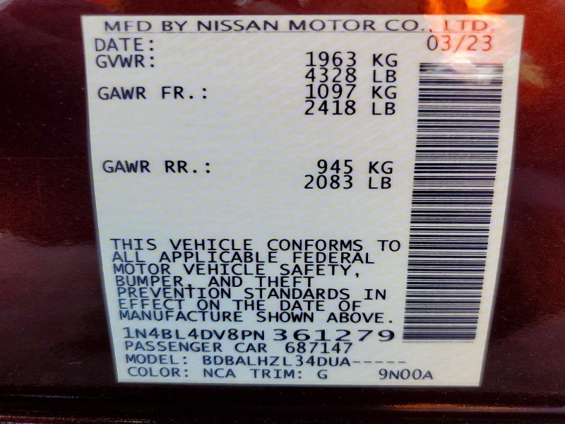 Продаж на аукціоні авто 2023 Nissan Altima, vin: 1N4BL4DV8PN361279, номер лоту: 49414386