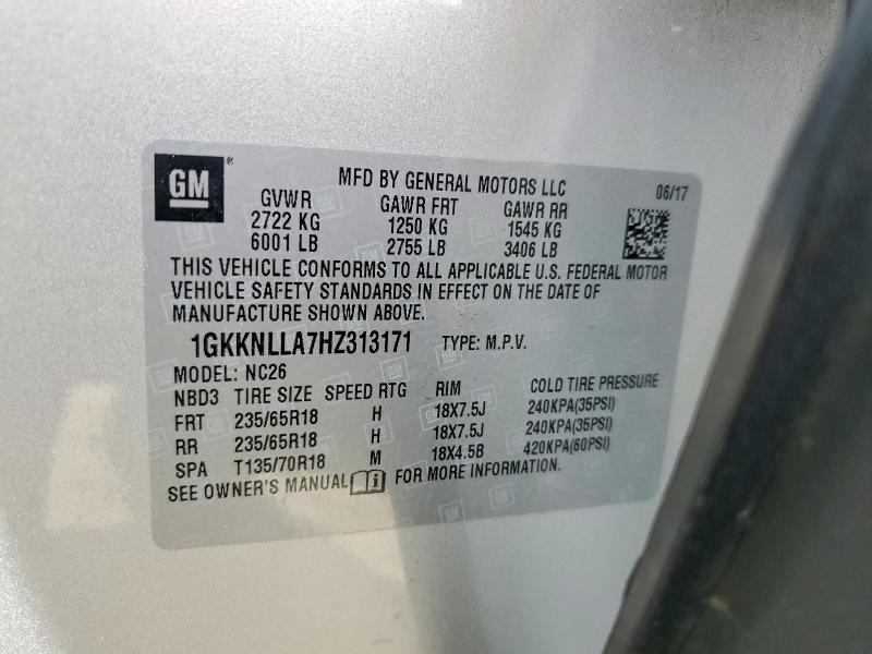50355826 :رقم المزاد ، 1GKKNLLA7HZ313171 vin ، 2017 Gmc Acadia مزاد بيع