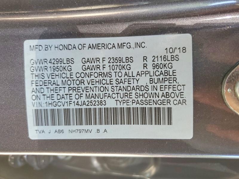 Продаж на аукціоні авто 2018 Honda Accord, vin: 1HGCV1F14JA252383, номер лоту: 50383386