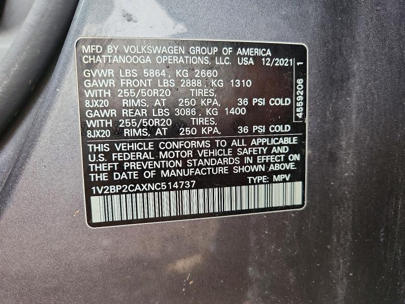 2022 Volkswagen Atlas მანქანა იყიდება აუქციონზე, vin: 1V2BP2CAXNC514737, აუქციონის ნომერი: 49330106
