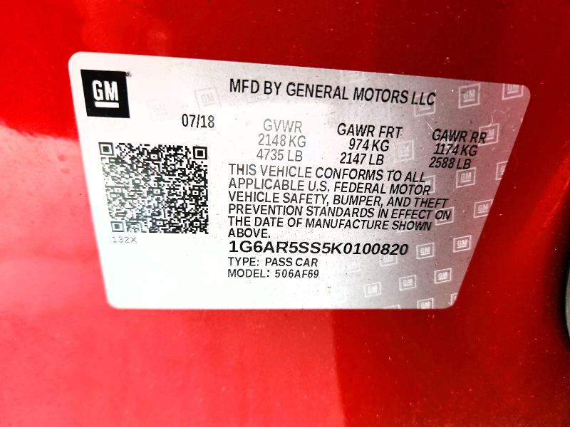 Aukcja sprzedaży 2019 Cadillac Cts, vin: 1G6AR5SS5K0100820, numer aukcji: 50349996