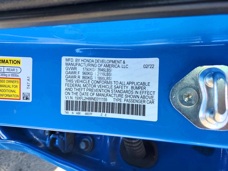 Aukcja sprzedaży 2022 Honda Civic, vin: 19XFL2H88NE011155, numer aukcji: 48869396