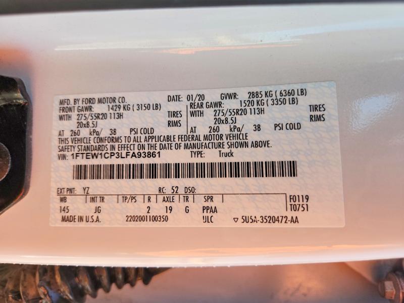 2020 Ford F150 მანქანა იყიდება აუქციონზე, vin: 1FTEW1CP3LFA93861, აუქციონის ნომერი: 51813616