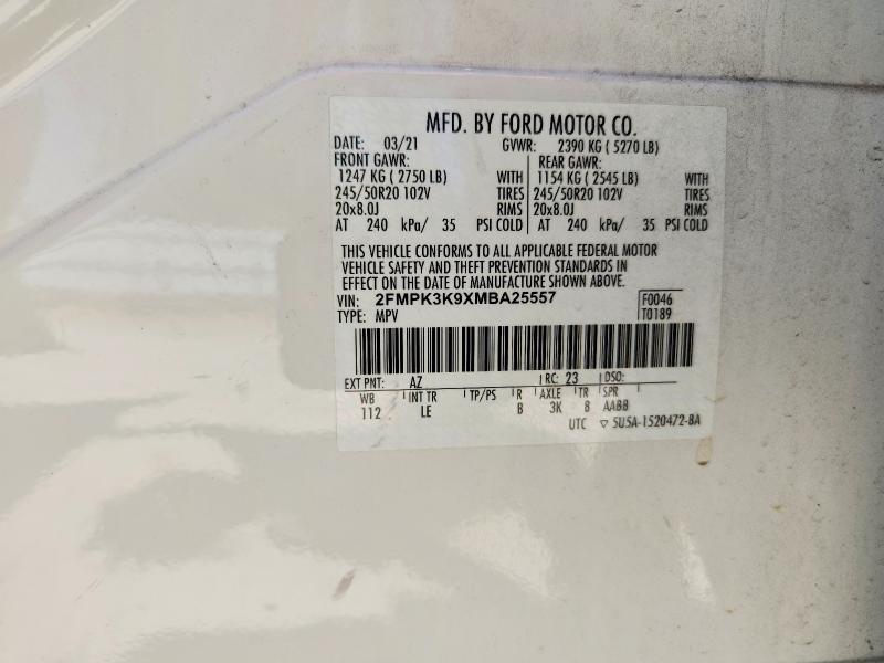 2021 Ford Edge მანქანა იყიდება აუქციონზე, vin: 2FMPK3K9XMBA25557, აუქციონის ნომერი: 50084576
