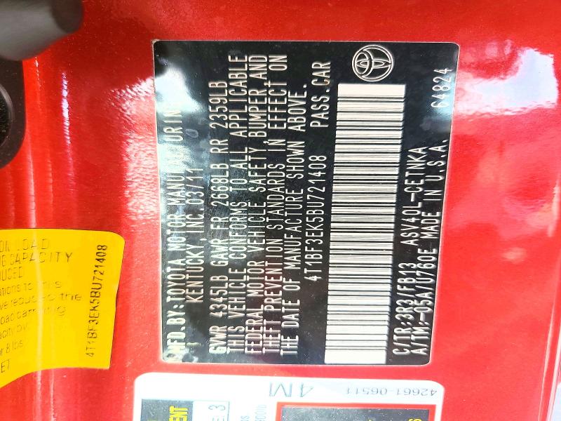 2011 Toyota Camry მანქანა იყიდება აუქციონზე, vin: 4T1BF3EK5BU721408, აუქციონის ნომერი: 48666826