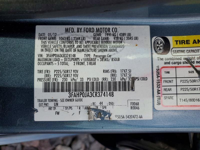 Aukcja sprzedaży 2012 Ford Fusion, vin: 3FAHP0JA3CR374148, numer aukcji: 49635726
