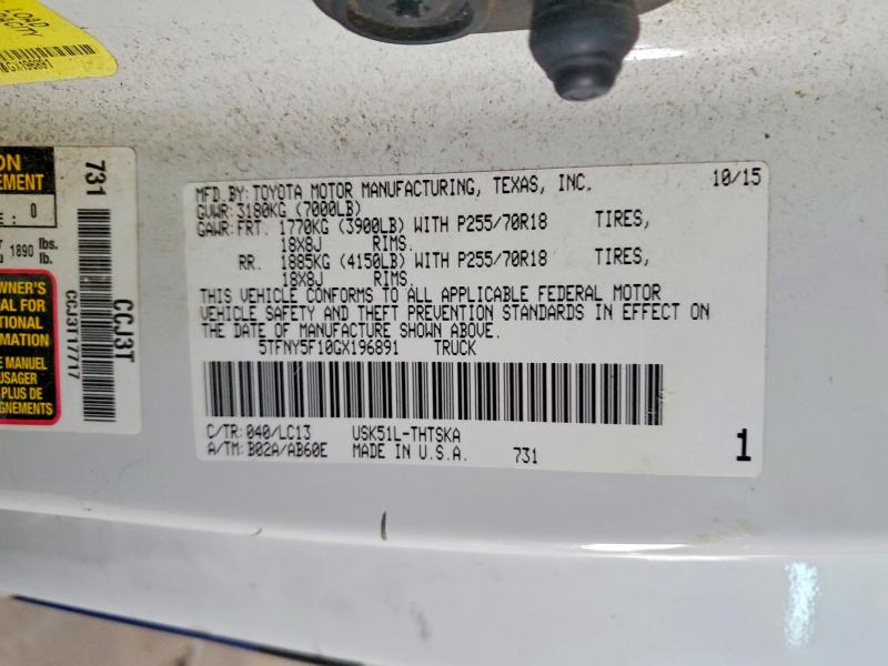 2016 Toyota Tundra მანქანა იყიდება აუქციონზე, vin: 5TFNY5F10GX196891, აუქციონის ნომერი: 50258216