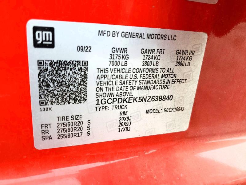 Aukcja sprzedaży 2022 Chevrolet Silverado, vin: 1GCPDKEK5NZ638840, numer aukcji: 50248096
