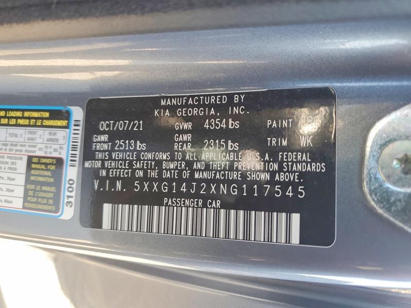 Aukcja sprzedaży 2022 Kia K5, vin: 5XXG14J2XNG117545, numer aukcji: 49267066