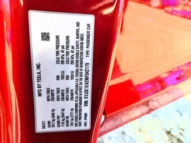 48254936 :رقم المزاد ، 5YJ3E1EA2MF042179 vin ، 2021 Tesla Model 3 مزاد بيع