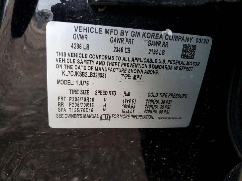 2020 Chevrolet Trax მანქანა იყიდება აუქციონზე, vin: KL7CJKSB2LB328031, აუქციონის ნომერი: 51533196