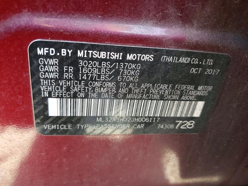 Aukcja sprzedaży 2018 Mitsubishi Mirage, vin: ML32A3HJ2JH006117, numer aukcji: 51865746