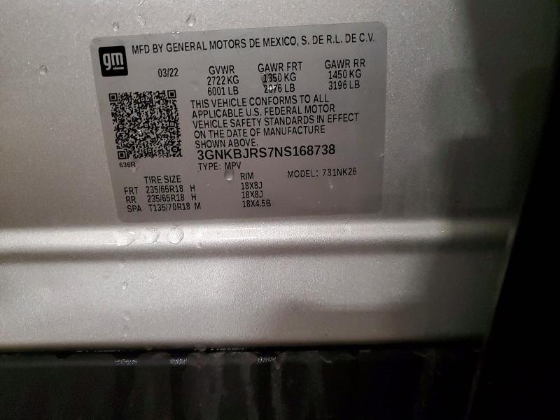 48469436 :رقم المزاد ، 3GNKBJRS7NS168738 vin ، 2022 Chevrolet Blazer مزاد بيع
