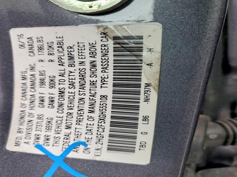 Продаж на аукціоні авто 2016 Honda Civic, vin: 2HGFC2F5XGH555108, номер лоту: 51507526