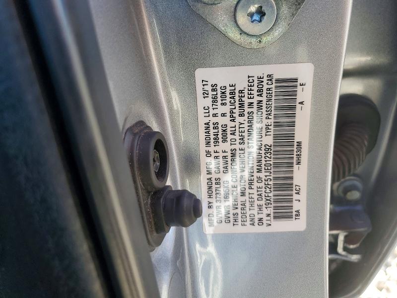 Продаж на аукціоні авто 2018 Honda Civic, vin: 19XFC2F51JE012392, номер лоту: 48765236