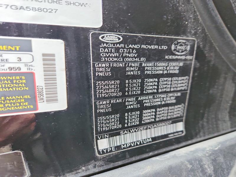 48537636 :رقم المزاد ، SALWV2EF7GA588027 vin ، 2016 Land Rover Range Rover Sport مزاد بيع