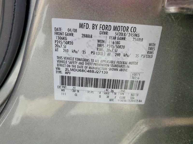49953796 :رقم المزاد ، 2LMDU68C48BJ27139 vin ، 2008 Lincoln Townhouse Mkx مزاد بيع