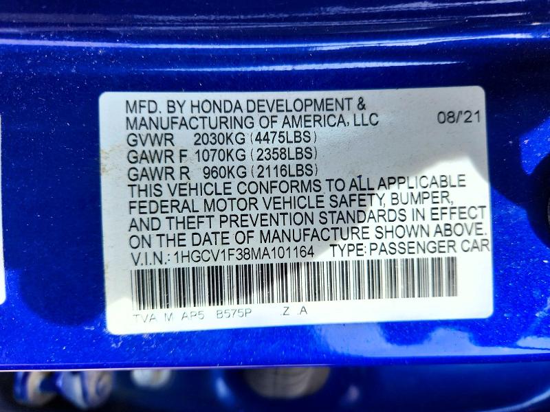 Продаж на аукціоні авто 2021 Honda Accord, vin: 1HGCV1F38MA101164, номер лоту: 50926616