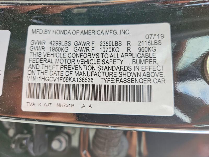 50105536 :رقم المزاد ، 1HGCV1F59KA136536 vin ، 2019 Honda Accord مزاد بيع