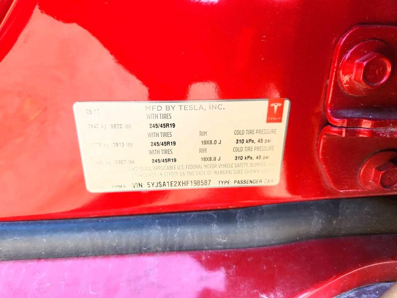 2017 Tesla Model S მანქანა იყიდება აუქციონზე, vin: 5YJSA1E2XHF198587, აუქციონის ნომერი: 49027306