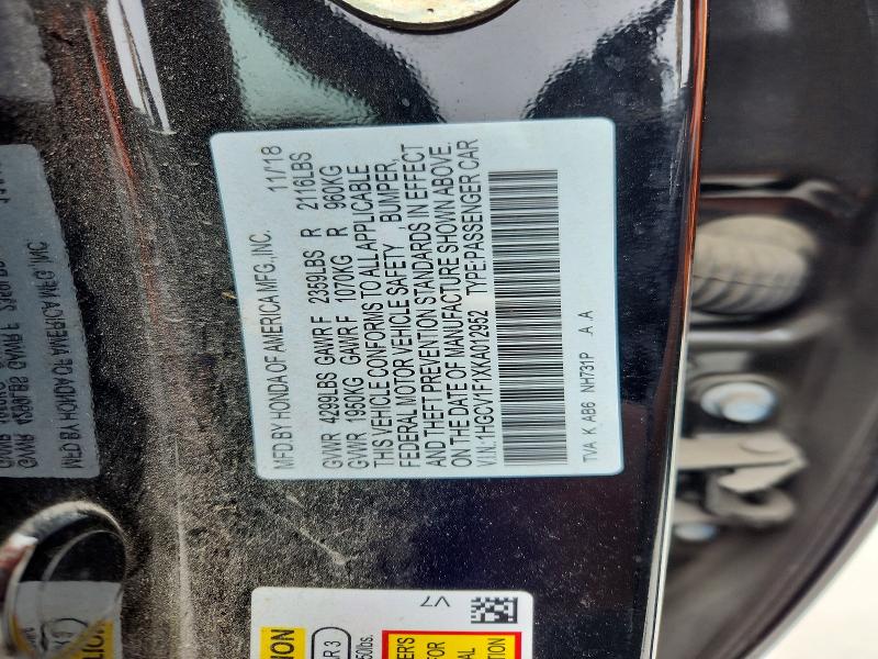 Продаж на аукціоні авто 2019 Honda Accord, vin: 1HGCV1F1XKA012952, номер лоту: 50531566