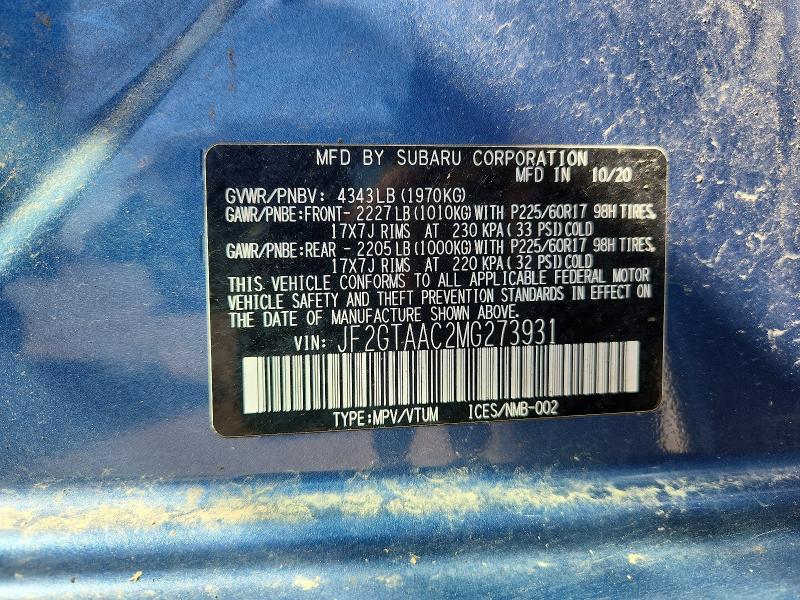 Aukcja sprzedaży 2021 Subaru Crosstrek, vin: JF2GTAAC2MG273931, numer aukcji: 49308116