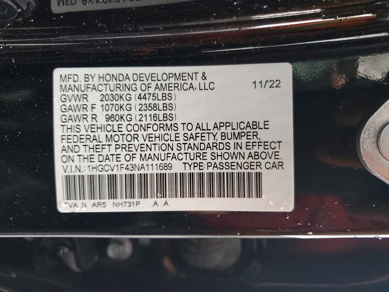 2022 Honda Accord მანქანა იყიდება აუქციონზე, vin: 1HGCV1F43NA111689, აუქციონის ნომერი: 50587426