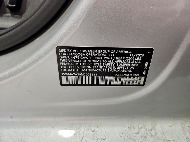 2021 Volkswagen Passat მანქანა იყიდება აუქციონზე, vin: 1VWMA7A39MC003111, აუქციონის ნომერი: 49235526