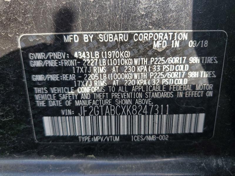 2019 Subaru Crosstrek მანქანა იყიდება აუქციონზე, vin: JF2GTABCXK8247311, აუქციონის ნომერი: 50041756