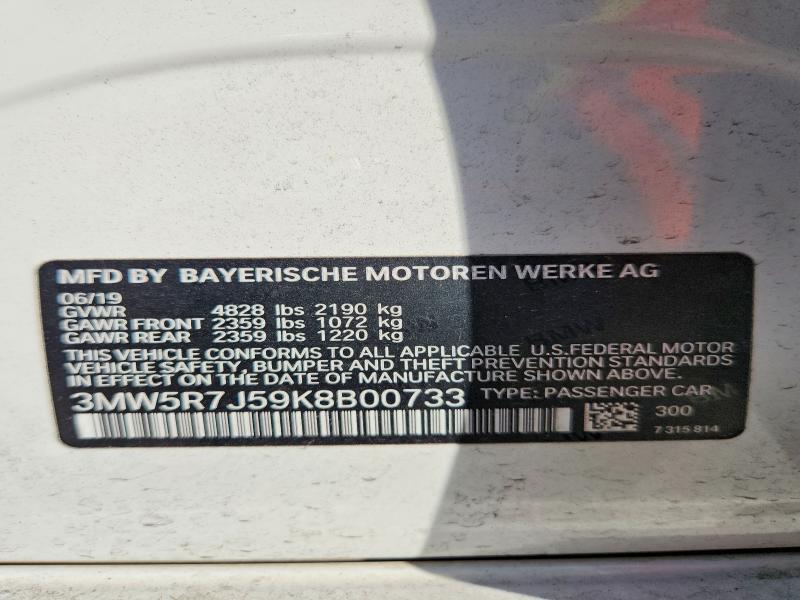 Aukcja sprzedaży 2019 Bmw 330xi, vin: 3MW5R7J59K8B00733, numer aukcji: 50700776