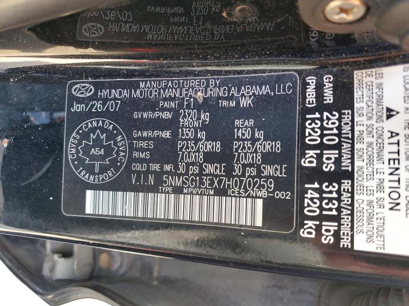 48172216 :رقم المزاد ، 5NMSG13EX7H070259 vin ، 2007 Hyundai Santa Fe مزاد بيع
