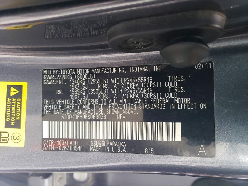 2011 Toyota Highlander მანქანა იყიდება აუქციონზე, vin: 5TDDK3EH0BS069038, აუქციონის ნომერი: 50017846
