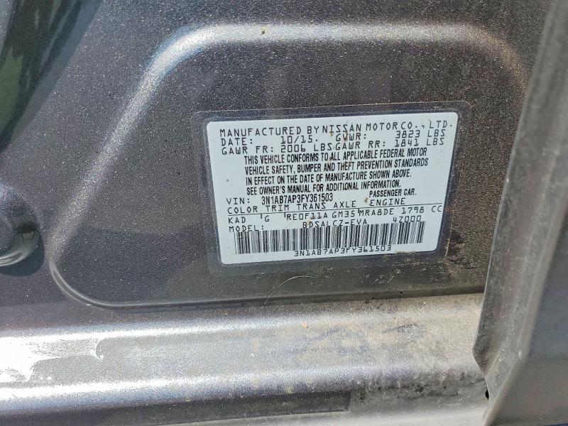 2015 Niss Sentra მანქანა იყიდება აუქციონზე, vin: 3N1AB7AP3FY361503, აუქციონის ნომერი: 51698616
