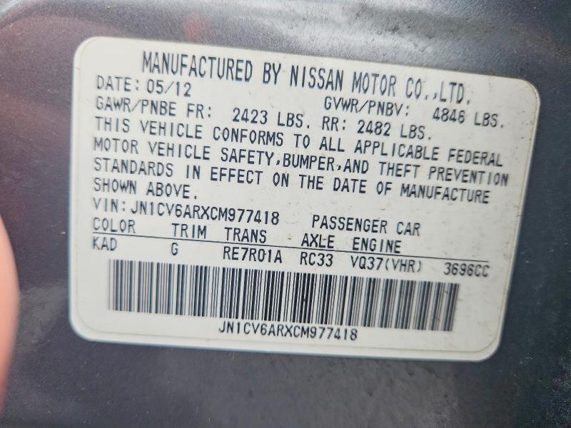 Aukcja sprzedaży 2012 Infiniti G37 Sedan, vin: JN1CV6ARXCM977418, numer aukcji: 51502406