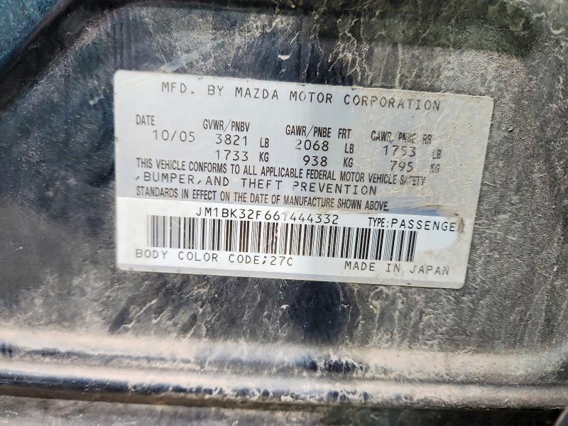 Продаж на аукціоні авто 2006 Mazda 3, vin: JM1BK32F661444332, номер лоту: 48125756