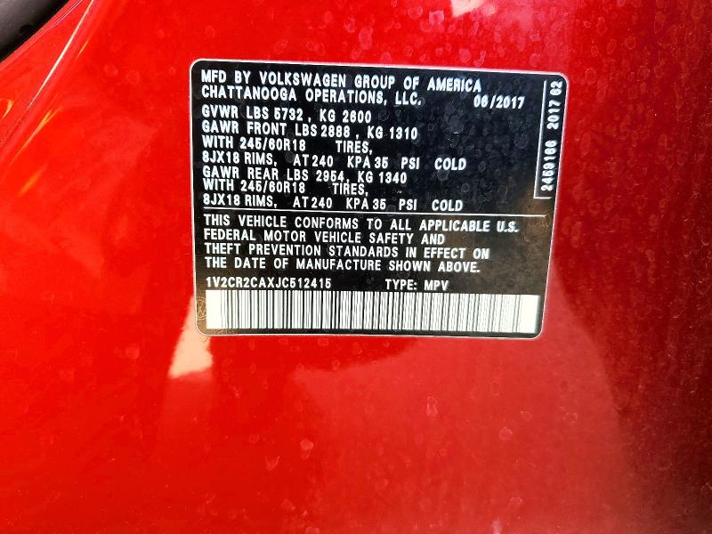 50684386 :رقم المزاد ، 1V2CR2CAXJC512415 vin ، 2018 Volkswagen Atlas مزاد بيع