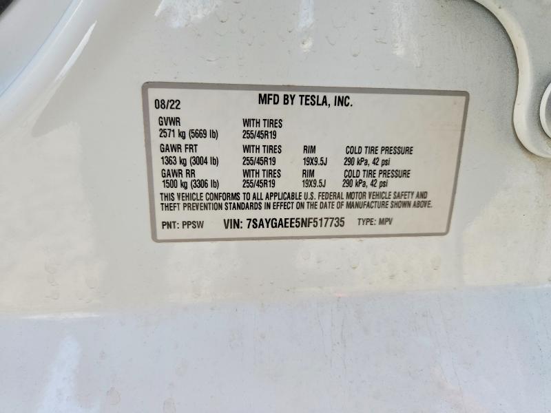 Продажа на аукционе авто 2022 Tesla Model Y, vin: 7SAYGAEE5NF517735, номер лота: 48862016