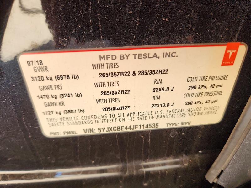 48786806 :رقم المزاد ، 5YJXCBE44JF114535 vin ، 2018 Tesla Model X مزاد بيع