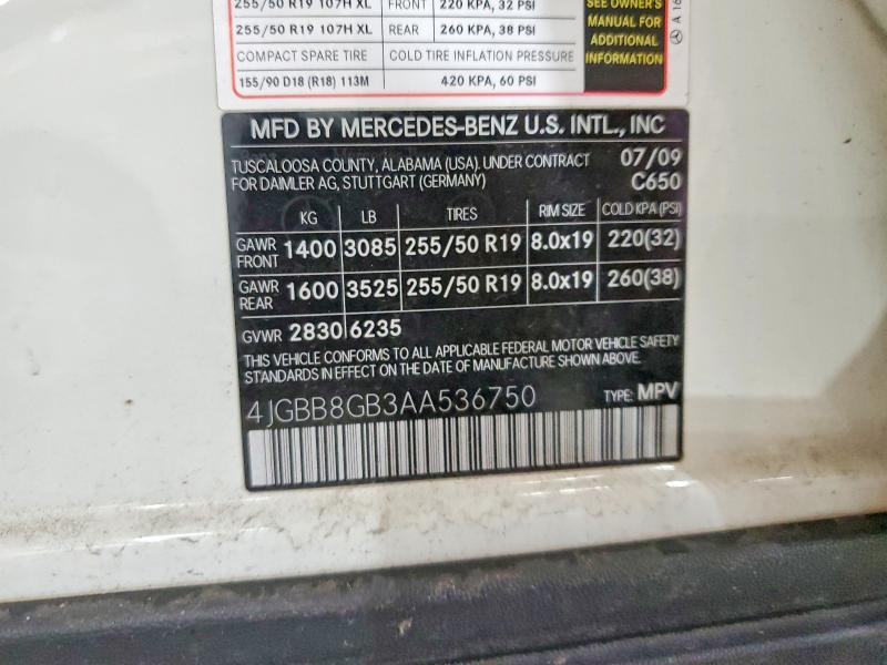 Aukcja sprzedaży 2010 Mercedes Benz Ml, vin: 4JGBB8GB3AA536750, numer aukcji: 50214656