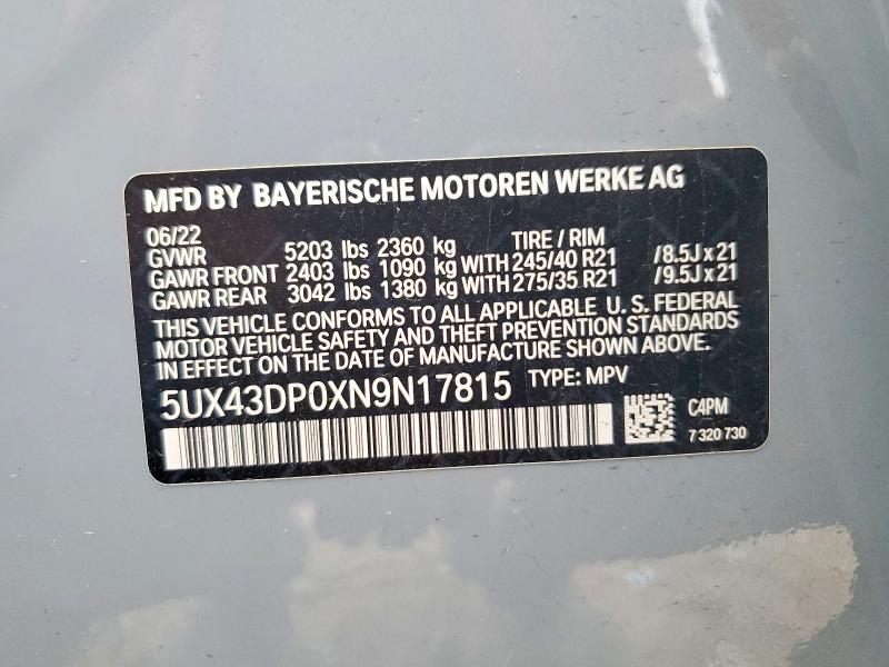 49409006 :رقم المزاد ، 5UX43DP0XN9N17815 vin ، 2022 Bmw X3 مزاد بيع