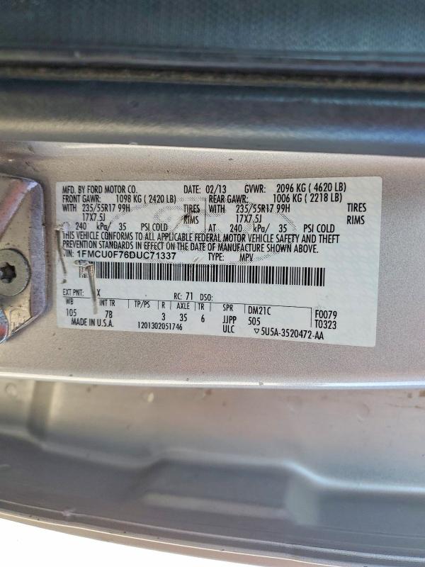 2013 Ford Escape მანქანა იყიდება აუქციონზე, vin: 1FMCU0F76DUC71337, აუქციონის ნომერი: 50794036