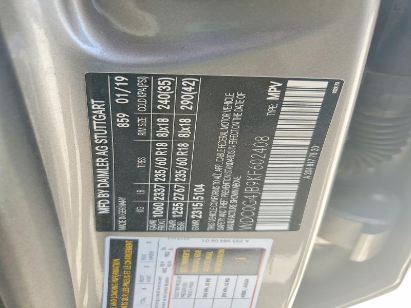 48540486 :رقم المزاد ، WDC0G4JB9KF602408 vin ، 2019 Mercedes-benz Glc مزاد بيع
