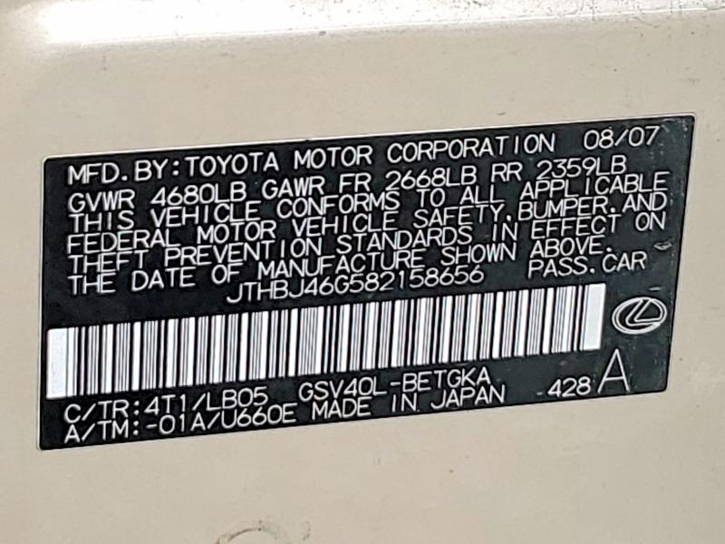 2008 Lexus Es 350 მანქანა იყიდება აუქციონზე, vin: JTHBJ46G582158656, აუქციონის ნომერი: 48805176