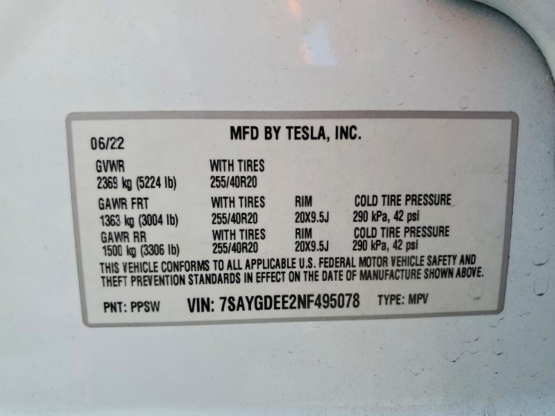 51075086 :رقم المزاد ، 7SAYGDEE2NF495078 vin ، 2022 Tesla Model Y مزاد بيع