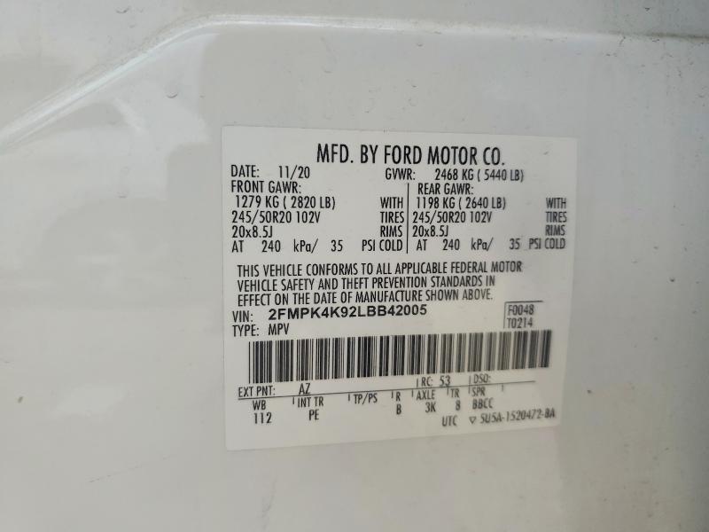 48469926 :رقم المزاد ، 2FMPK4K92LBB42005 vin ، 2020 Ford Edge مزاد بيع