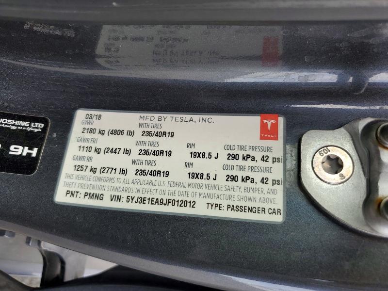 51376856 :رقم المزاد ، 5YJ3E1EA9JF012012 vin ، 2018 Tesla Model 3 مزاد بيع