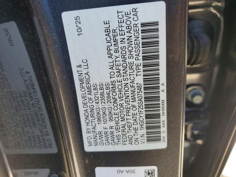 Aukcja sprzedaży 2025 Honda Accord, vin: 1HGCY1F25SA075487, numer aukcji: 51016646