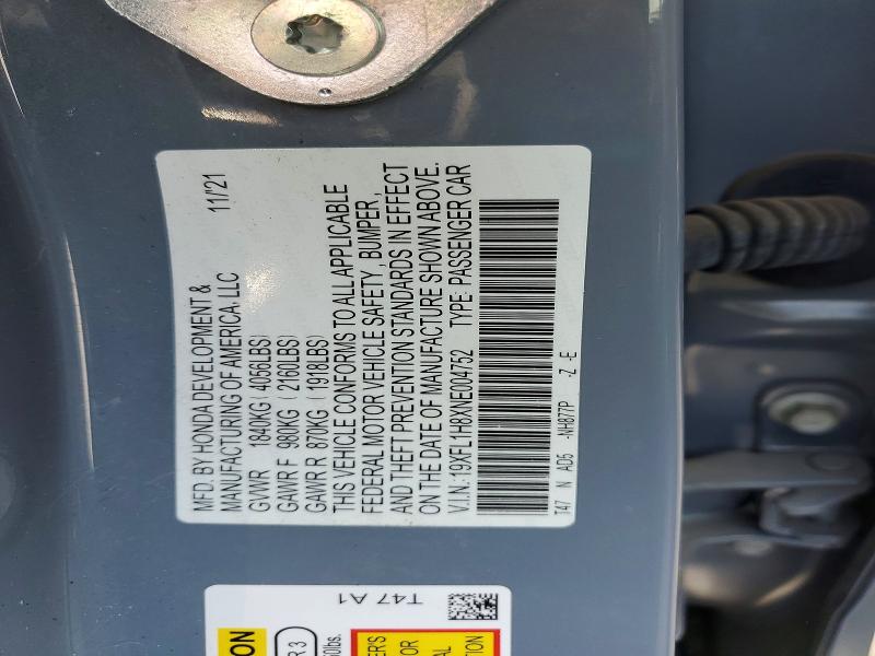 2022 Honda Civic მანქანა იყიდება აუქციონზე, vin: 19XFL1H8XNE004752, აუქციონის ნომერი: 50787016