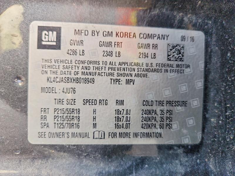 2017 Buick Encore მანქანა იყიდება აუქციონზე, vin: KL4CJASBXHB018949, აუქციონის ნომერი: 50563366