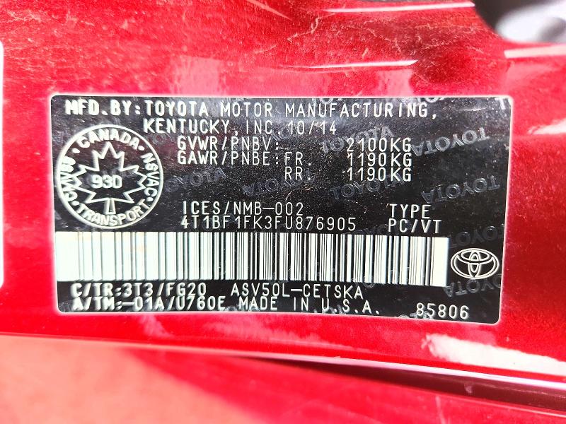 Aukcja sprzedaży 2015 Toyota Camry, vin: 4T1BF1FK3FU876905, numer aukcji: 49955946